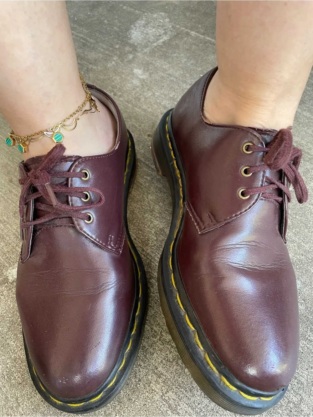 Dr. Martens Burgundy Leather Oxfords with Yellow Welt Stitching